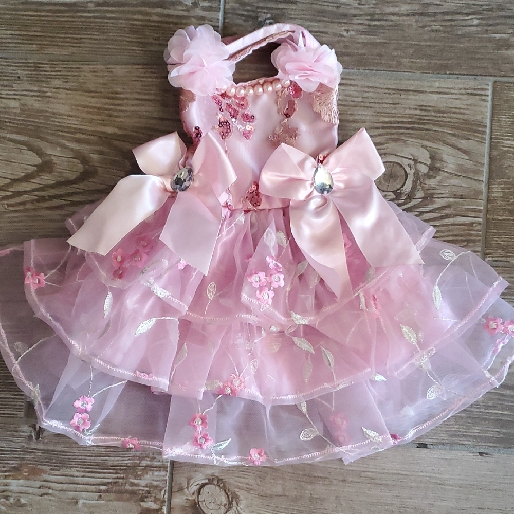 Homemade Elegant Pink Dog Dress with Bows, Sz X Small